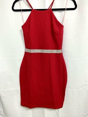 gLARE Women’s Small Red Rhinestone Waist Bodycon Mini Dress Strappy Back